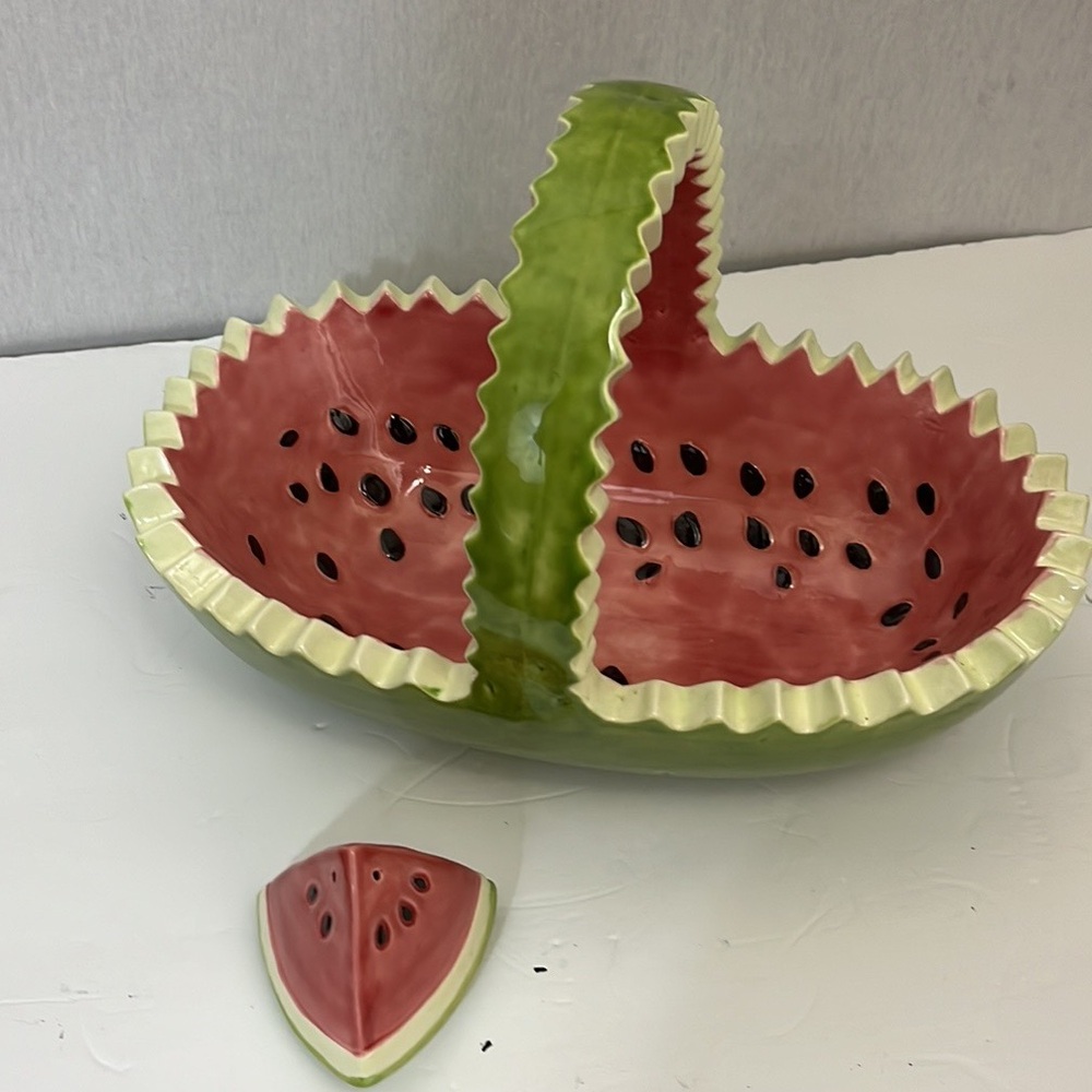 Studio Pottery Watermelon-Theme Ceramic Basket bowl w salt shaker vintage large